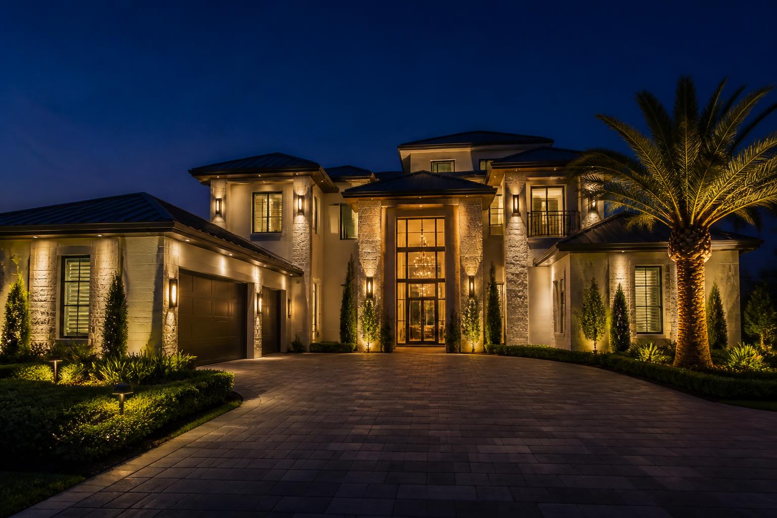 Coastal modern facade with warm stone uplighting