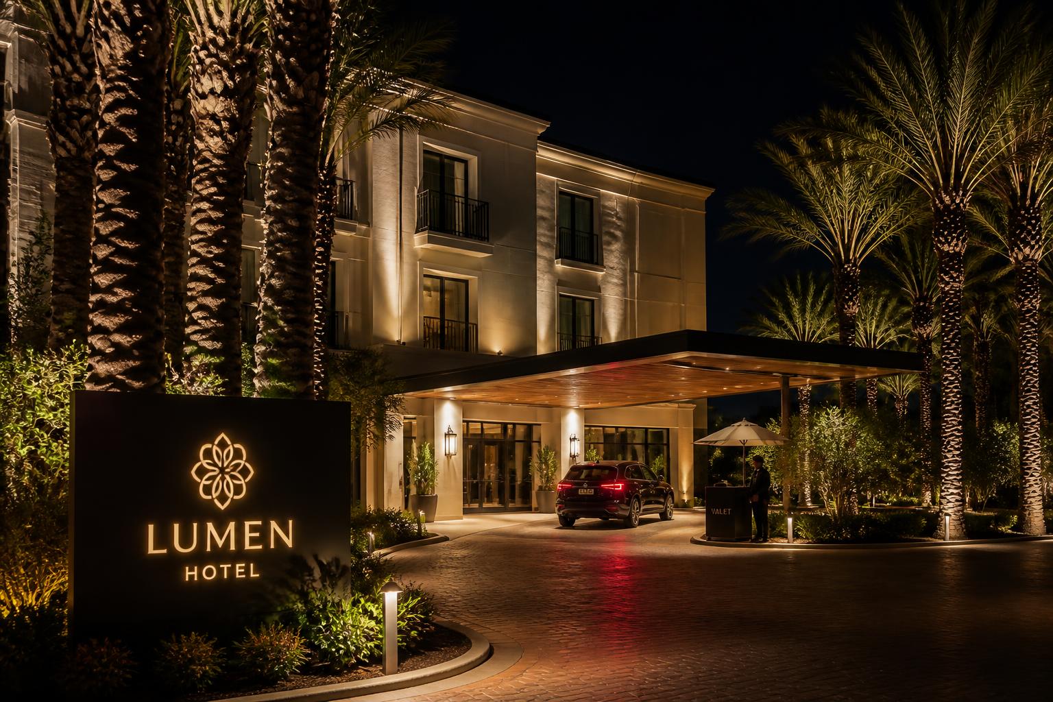Boutique hotel porte-cochère with warm architectural lighting