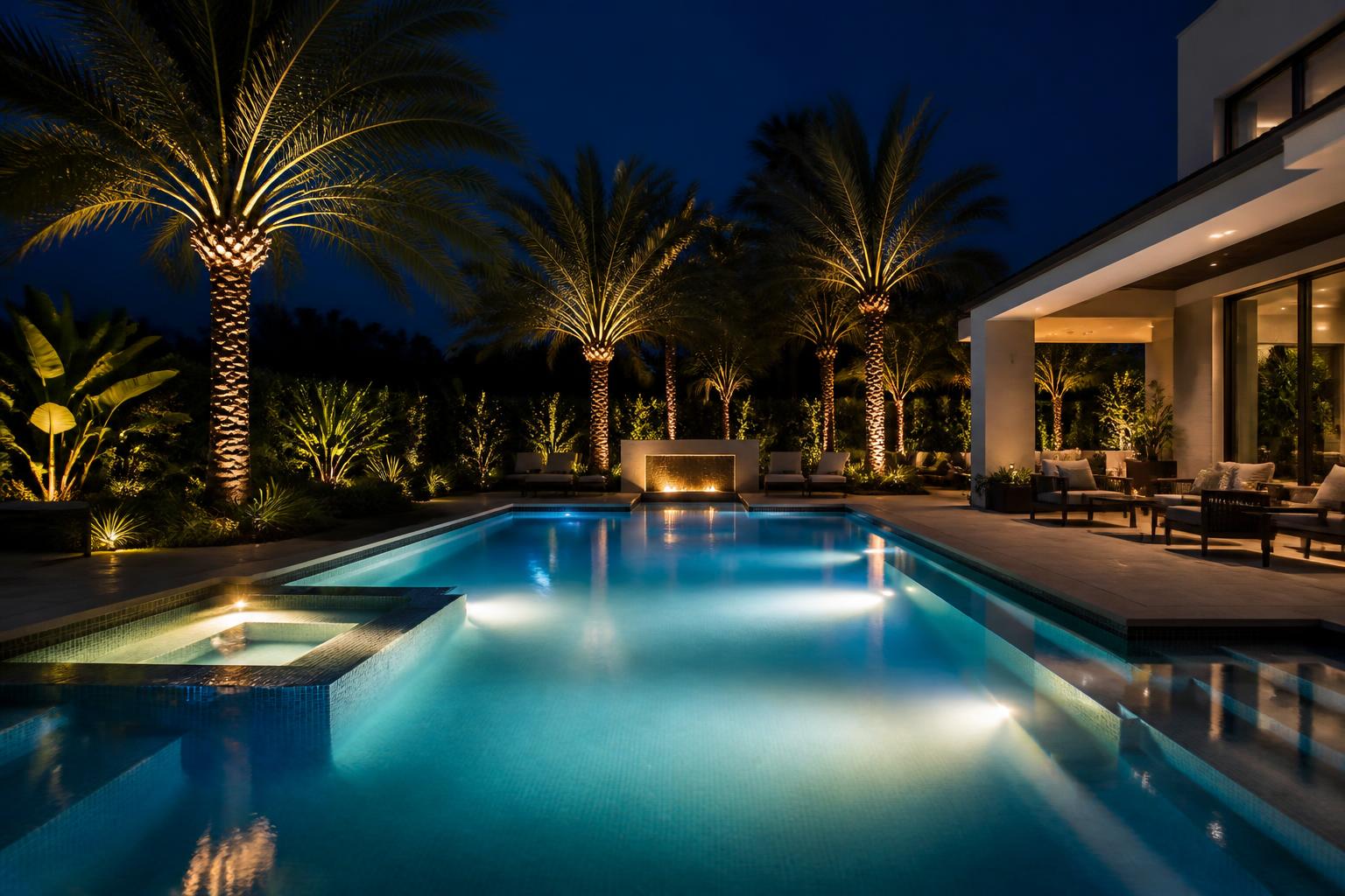 Pool with subtle color lighting and uplit palms